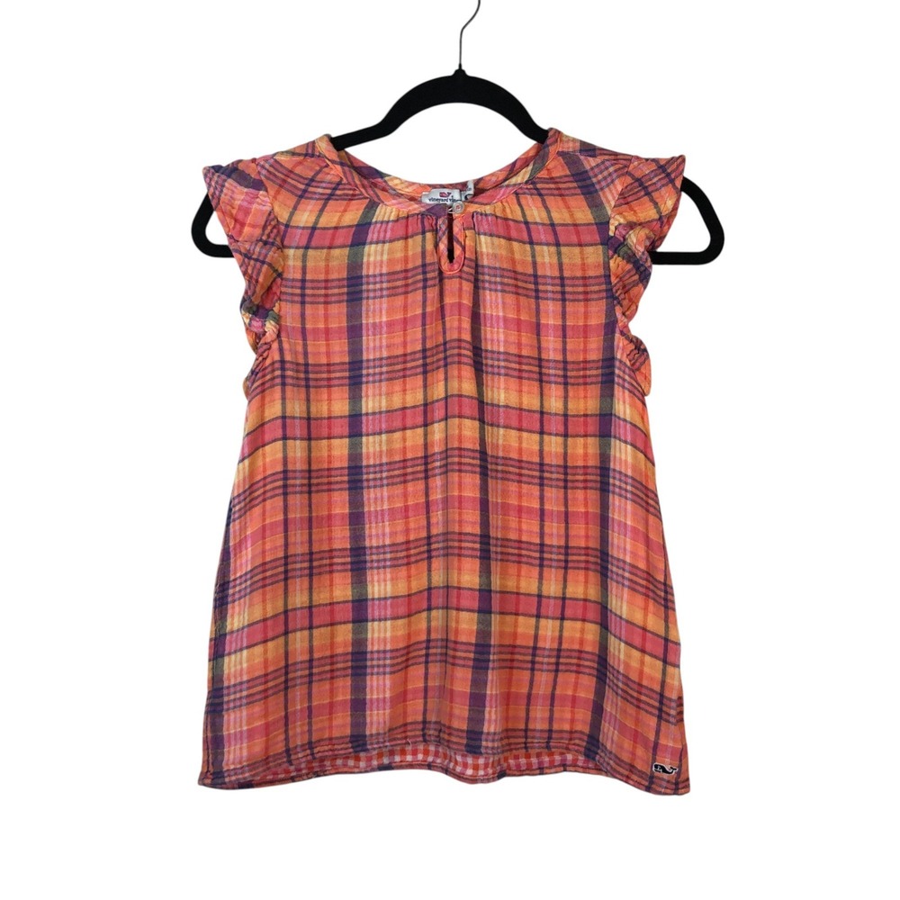 Vineyard Vines Girl 100% Cotton Plaid Ruffle Cap Sleeve Top Size 10/12‎ Orange